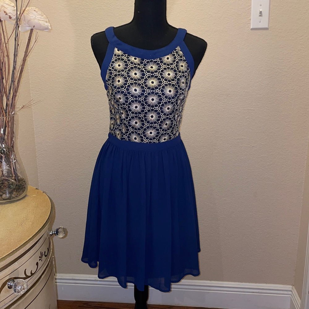 Blue & gold embroidered mini dress. Polyester lining.